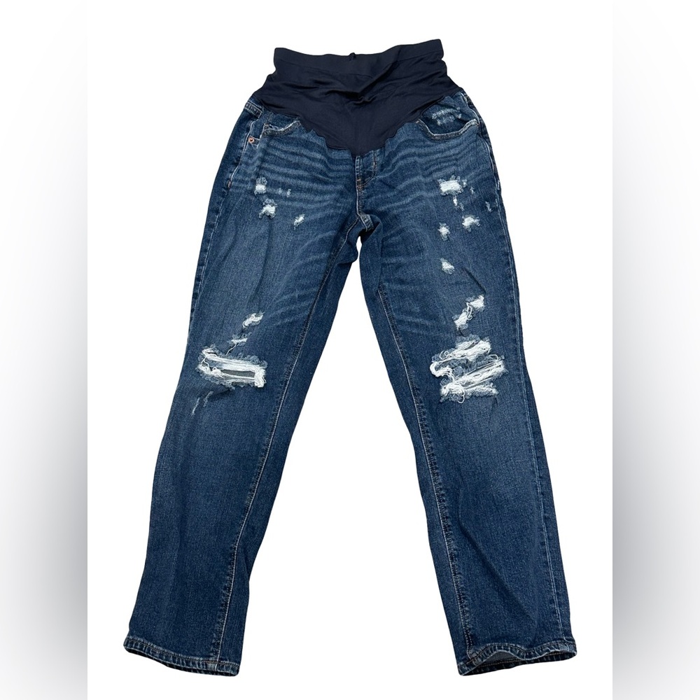 Old Navy Maternity Boyfriend Jeans Distressed Dark Wash Full Panel 10 Long